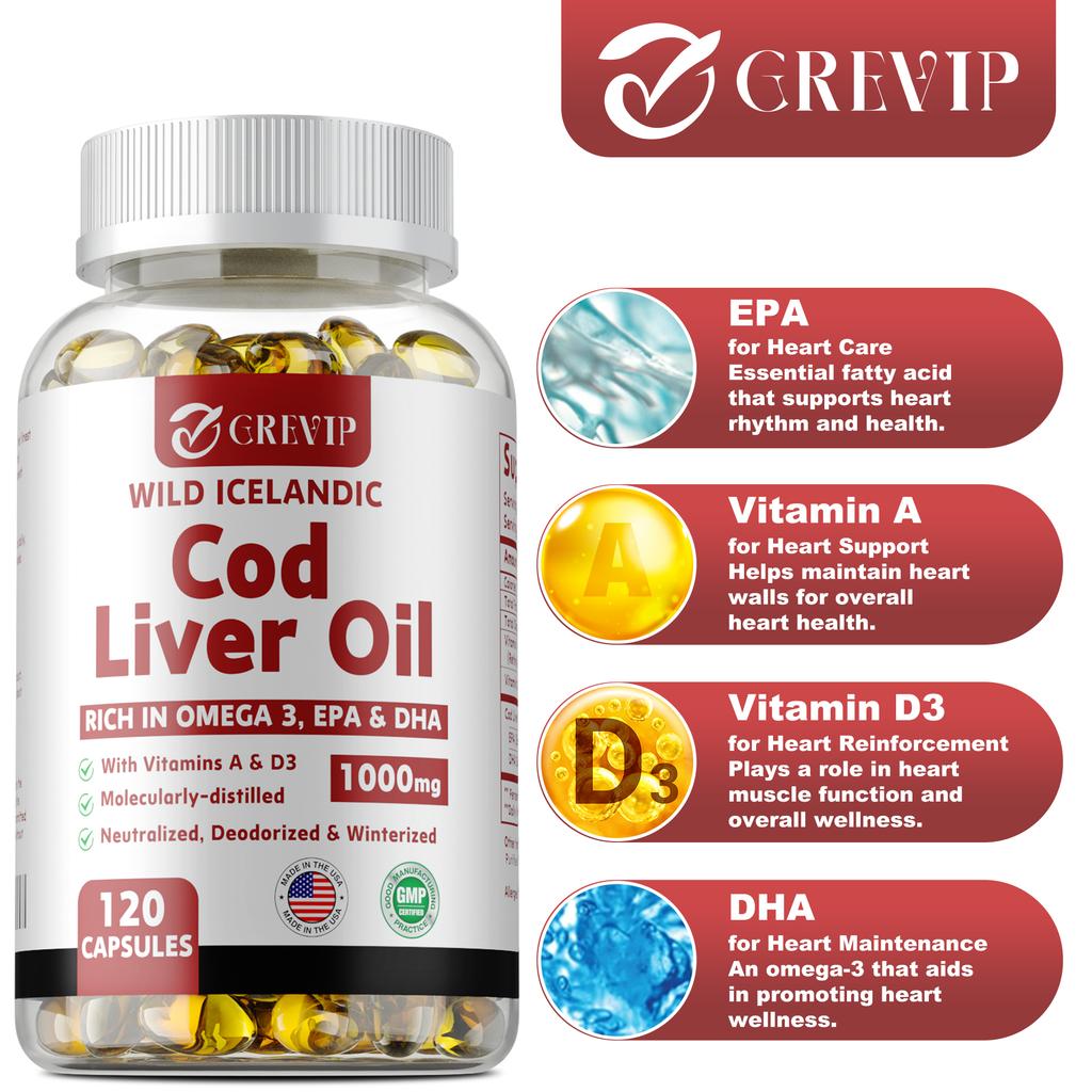 Wild Icelandic Cod Liver Oil Capsules, Rich In Omega Extract, 1000 Mg Per Serving, Support Heart, Joint, and Brain Health.
