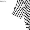 ZANZEA Women Casual V-Neck Loose Short Sleeve Stripe Dress