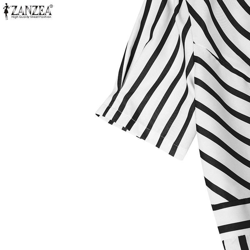 ZANZEA Women Casual V-Neck Loose Short Sleeve Stripe Dress