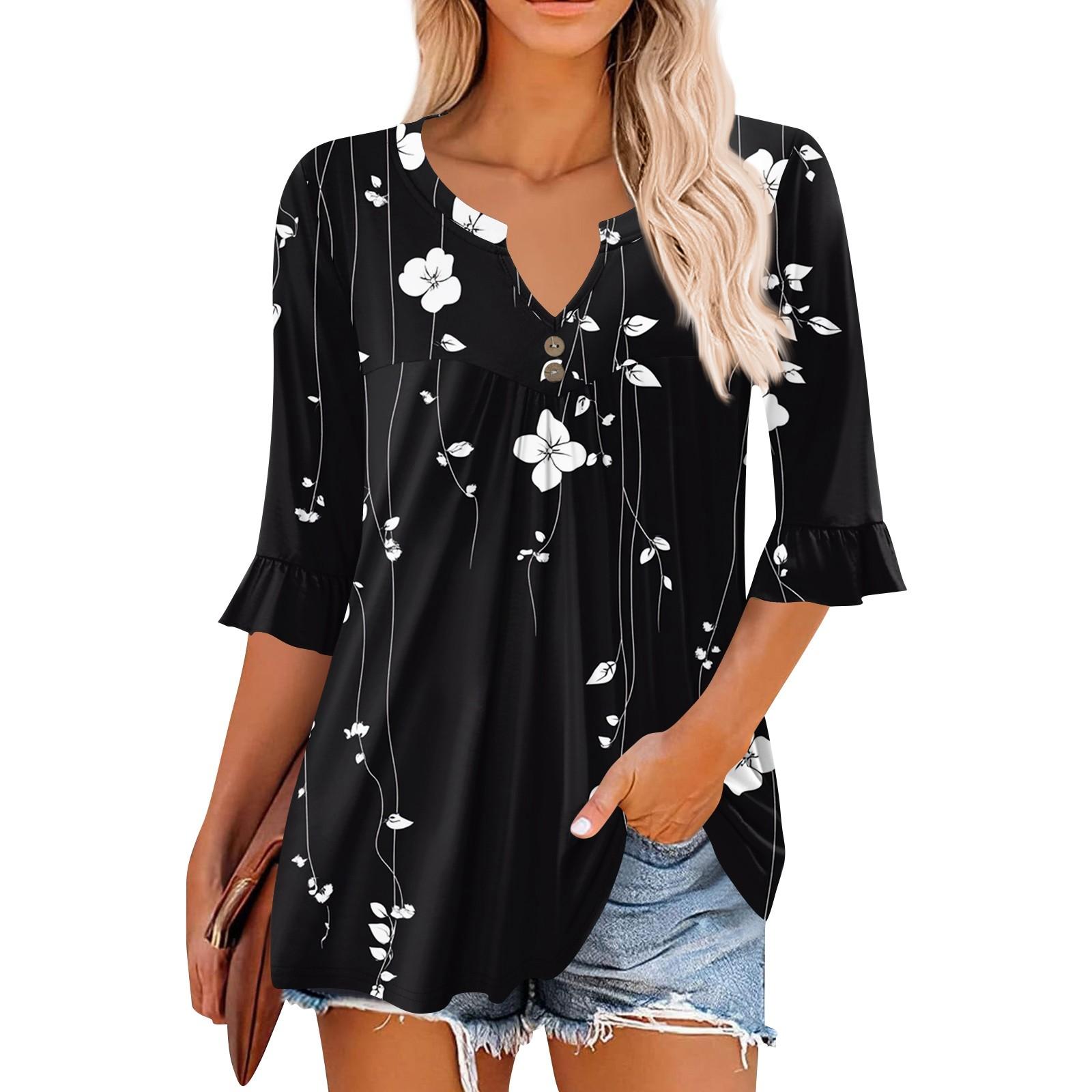 3/4 рукава топы для женщин повседневные оборки V-образный вырез футболки рабочие блузки нарядные туники топы XL чёрный