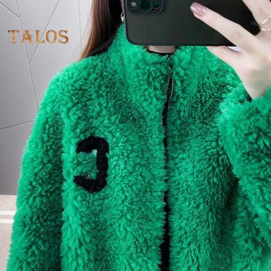 Winter Lady Coat Thickened Double-sided Faux Fleece Solid Color Stand Collar Neck Protection Letter Decor Long Sleeves Keep Warm Outdoor Travel