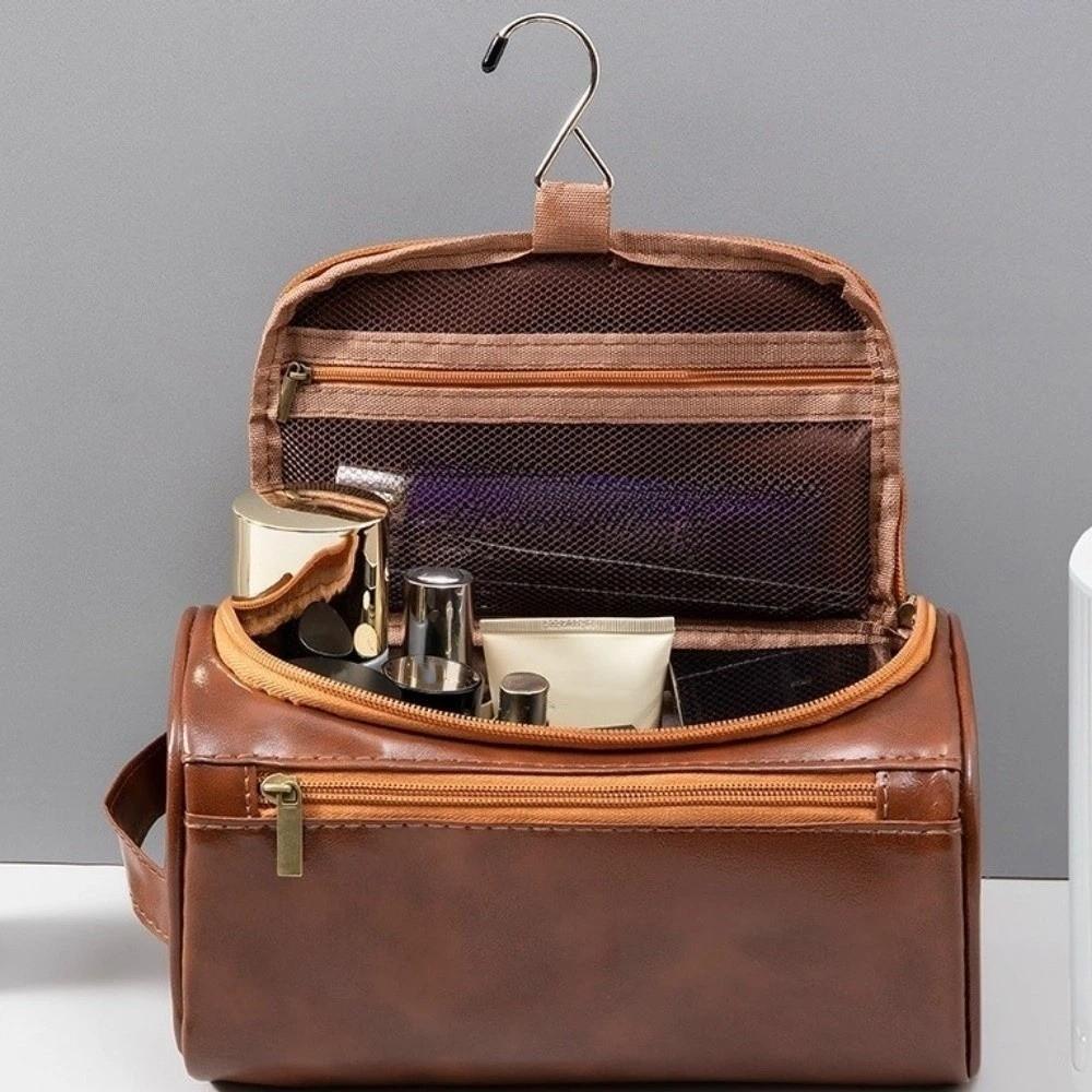 Large Capacity Cosmetic Makeup Bag PU Leather Storage Handbag Hanging Toiletry Bag Husband