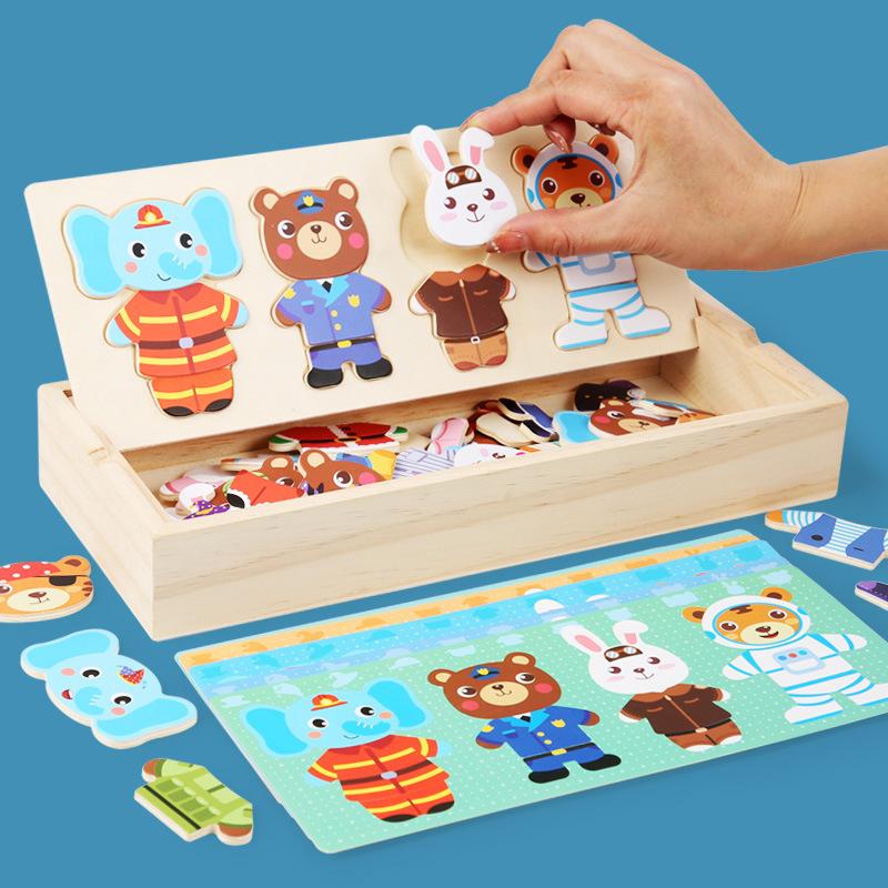 Wooden Dress Up Puzzles Montessori Toys Animal Bear Change Clothes Jigsaw Puzzle Box Matching Games Dressing Kid'S Travel Set