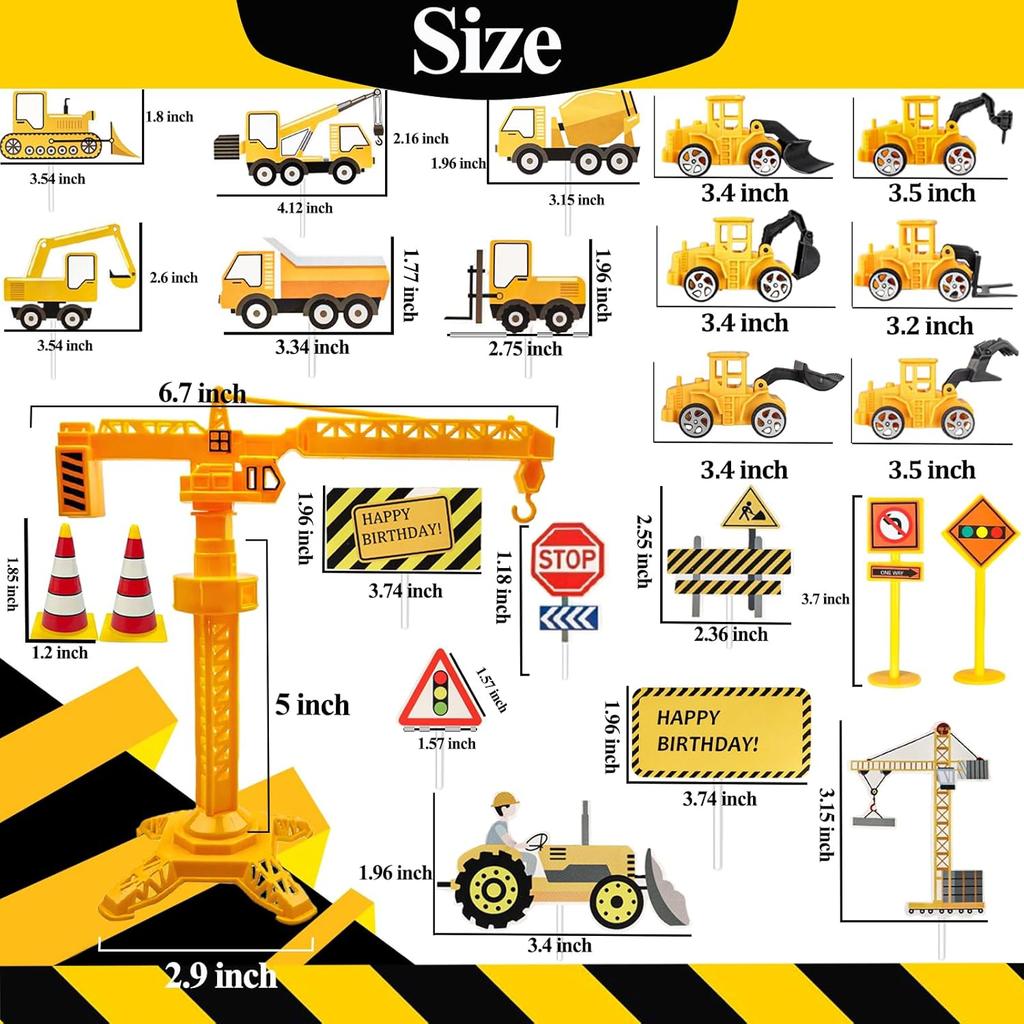 25Pcs Construction Cake Topper Excavator Tower Cupcake Topper Bulldozer Backhoe Traffic Road Sign Cake Decor Vehicles Decoration