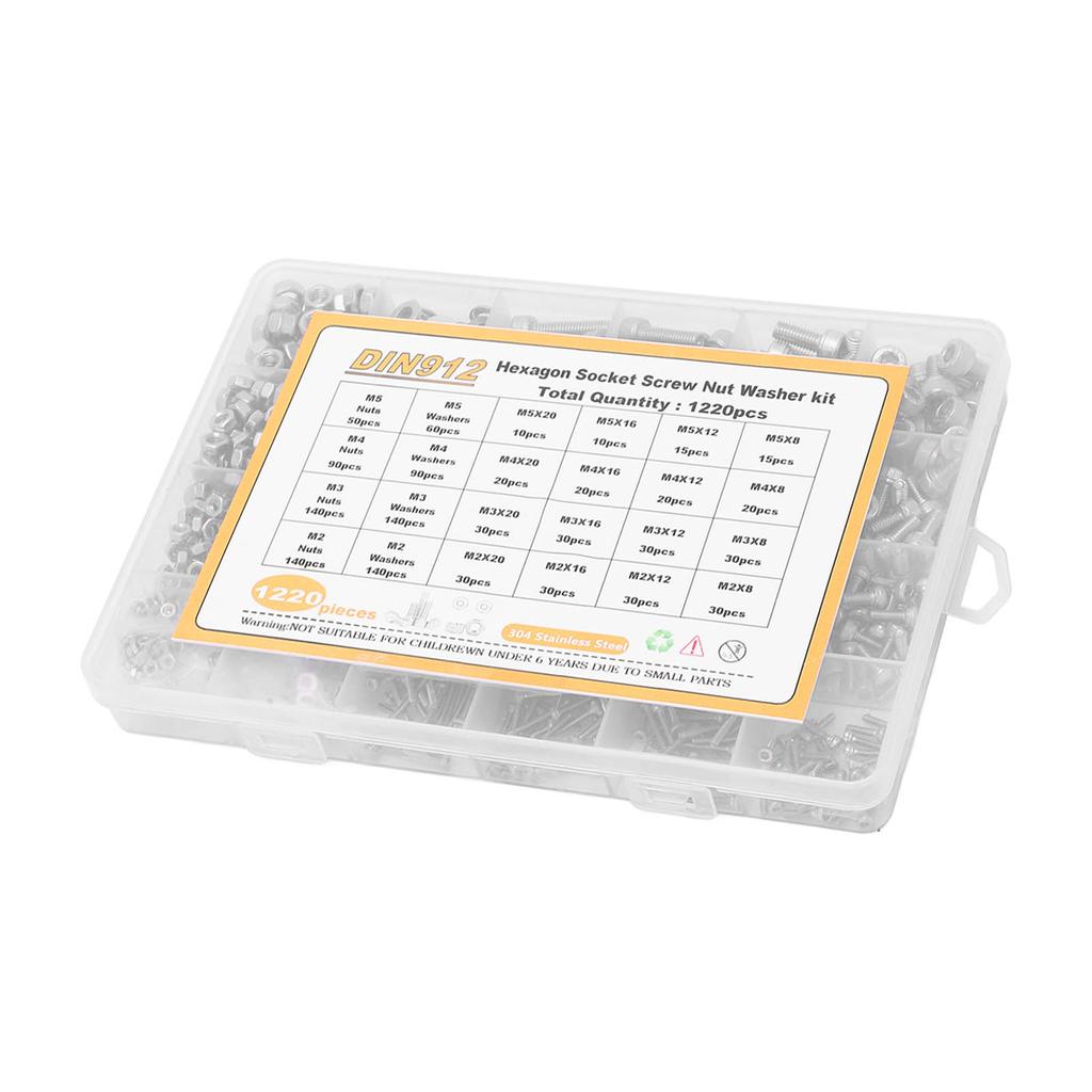 1220Pcs Screw Nut Washer Assortment M2 M3 M4 M5 Round Head Hex Socket Stainless Steel Fastener