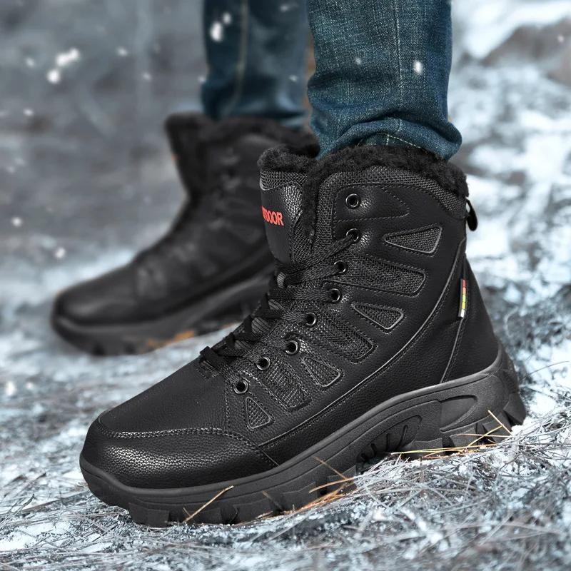 Outdoor Men's Fleece Lined Waterproof Cotton Snow Boots Winter Cotton Mountain Climbing Shoes Round Toe Mid Heel Boots Zapatos