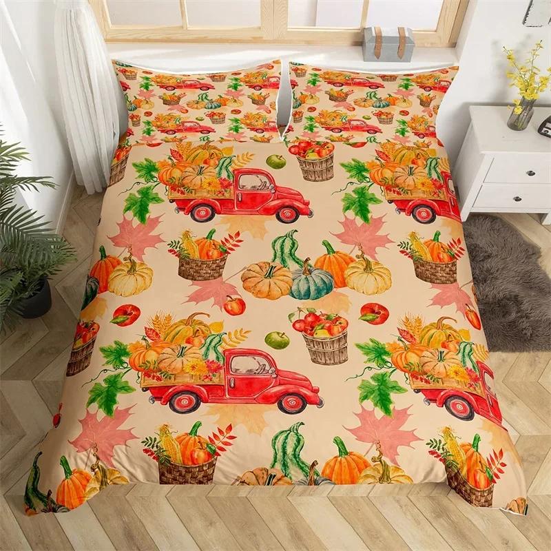 Fall Maple Leaves Duvet Cover King Autumn Harvest Theme Bedding Set Cartoon Christmas Santa Thanksgiving Pumpkin Comforter Cover