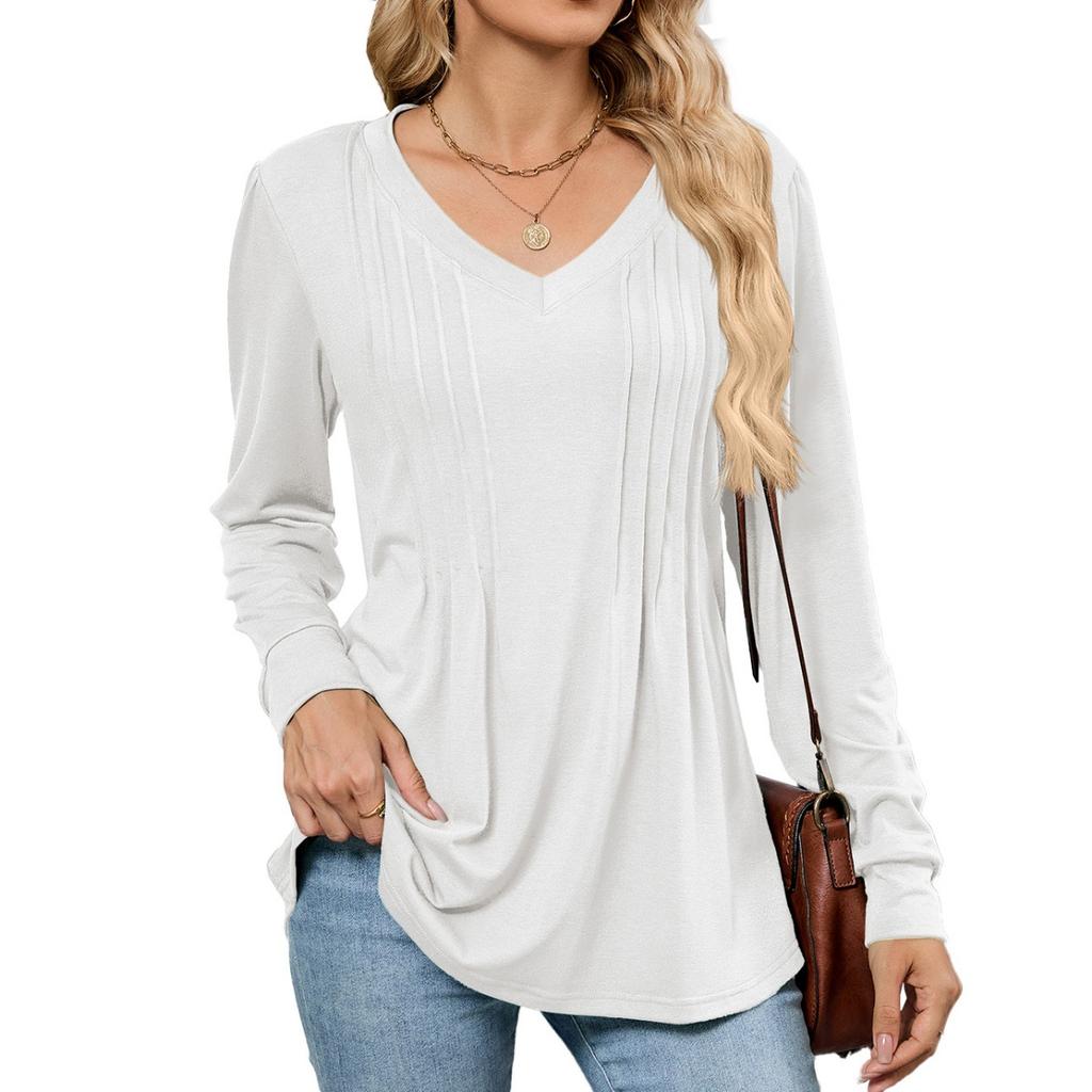 Fall Winter New Solid Color V-neck Striped Loose Long Sleeve T-shirt Top For Women, Amazon Cross-border European American Women's Clothing