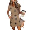 Women's Summer V-Neck Casual Short Sleeve Drawstring With Pocket Vintage Floral Dresses