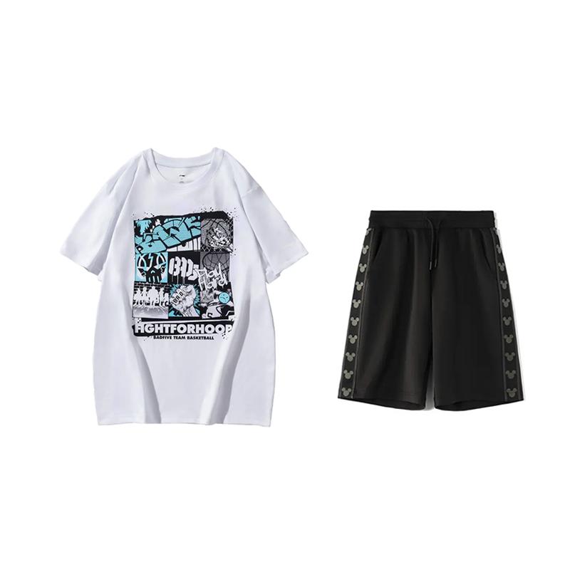 

Li-Ning Letter Print Pattern Loose Round Neck Short Sleeve Mid Waist Tied Shorts Casual Sports Suit Unisex suit AHSUA27-1+YKSV129-2 S
