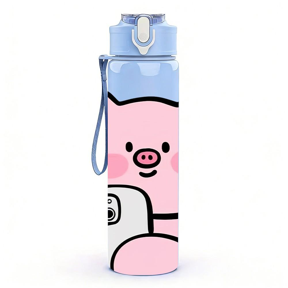 1PC Pink Pig Take Selfie Funny Cartoon Print 750ml Color Plastic Sports Water Bottle Leakproof Flip Straw Lid Suitable for Sports Office Home Use