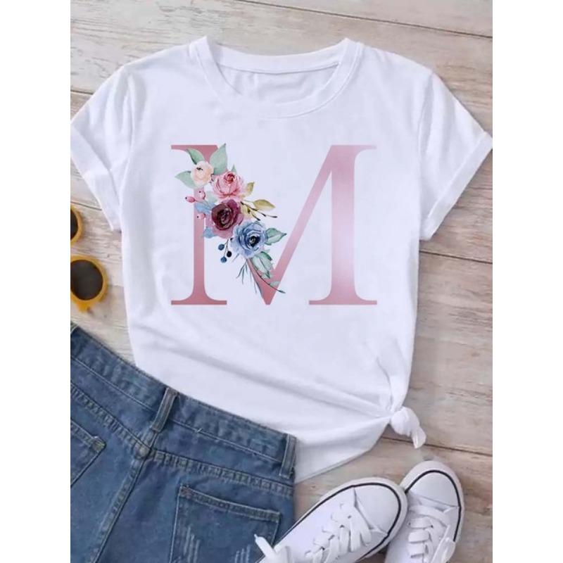 Letter combination fashion women's T-shirt pink flower letter font A-Z short sleeved top black T-shirt women