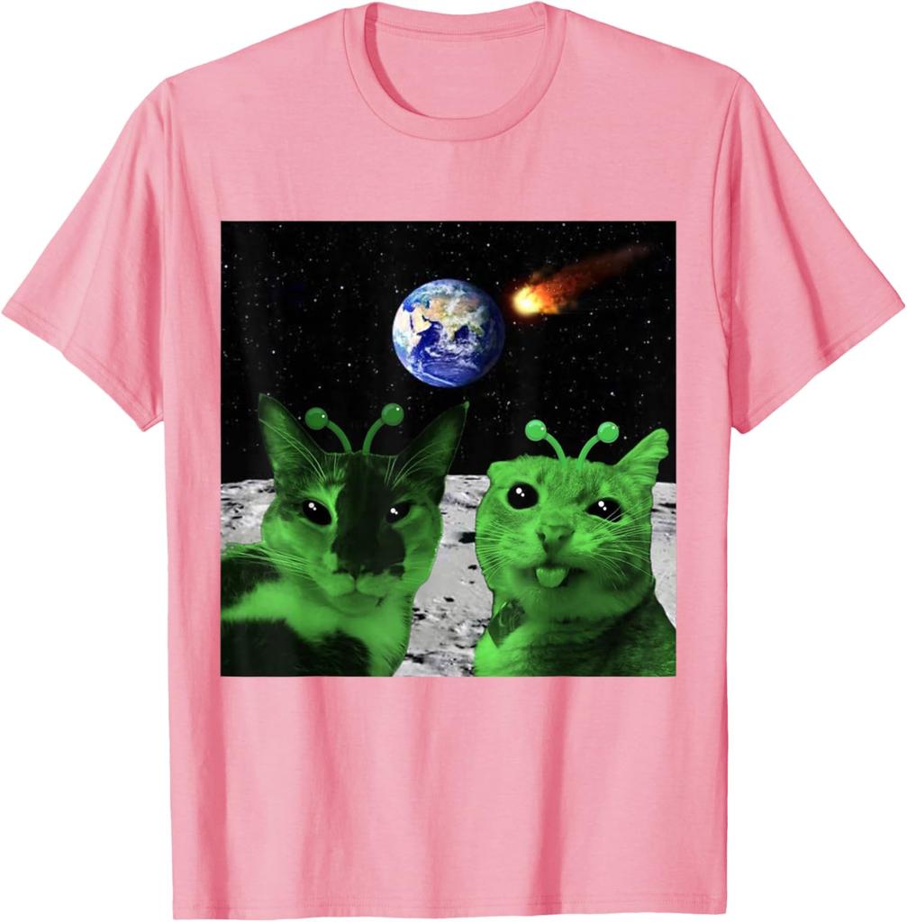 Alien Cats Moon Meteor Earth Invasion Graphic Tee Men's Casual Cotton T-Shirt