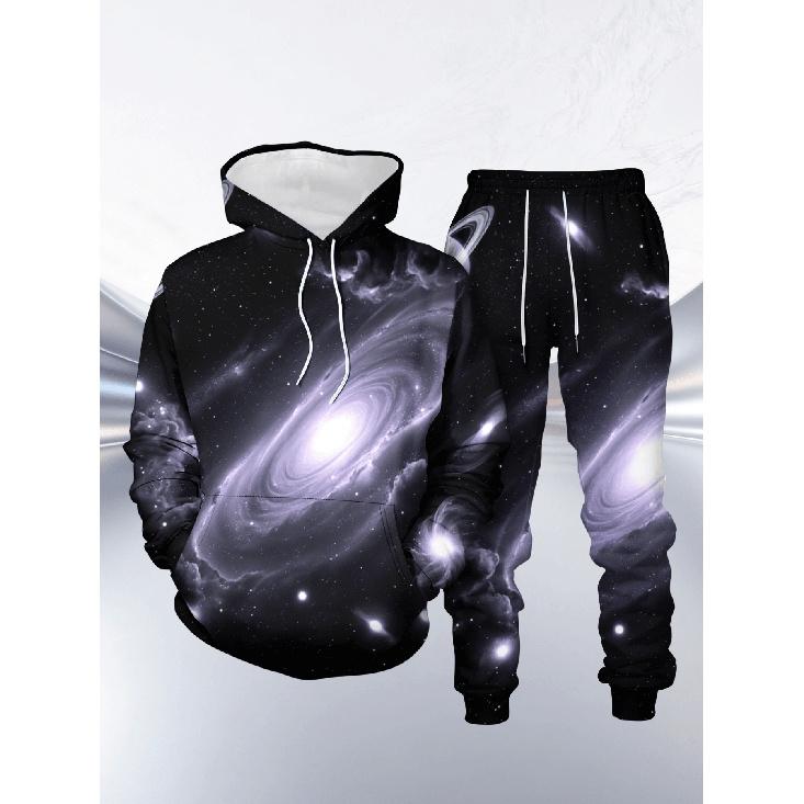 Men s Casual Sweatshirt 2pcs Set with Spiral Galaxy Starry Sky 3D Print S