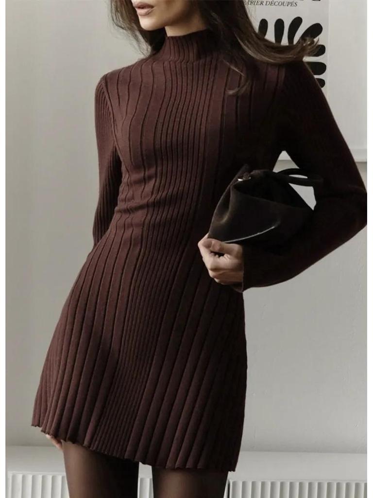 2025 European & American High Neck Long-Sleeve Bodycon Knit Dress - Solid Color
