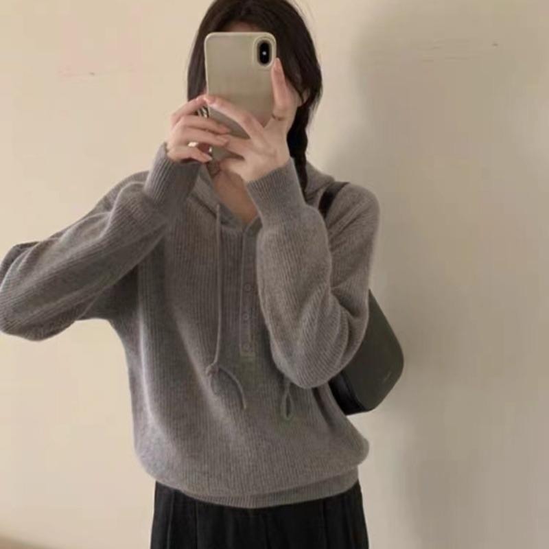 Moda Cinza Casual Com Capuz Pulôver Suéter Feminino Outono Inverno Manga Longa Casacos Suéteres de Malha Feminino Vintage Solto Macio Malhas Femininas 25278