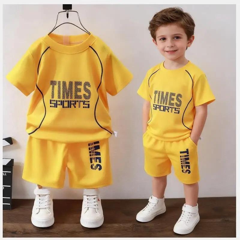 Children's Set Boys' Summer Korean Version Letter Printed Quick Drying Short Sleeved Shorts Sports