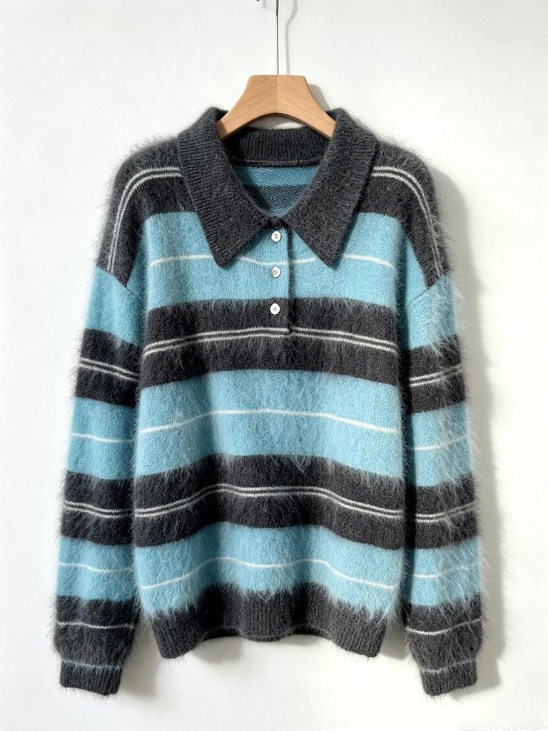 Women's Retro Color Block Striped Cashmere Pullover - Polo Collar, Brushed Inner, Casual Autumn & Winter Style