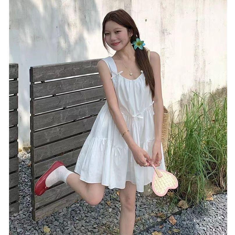 French Style Sleeveless Ruffle Dress With Uneck For Summer Women