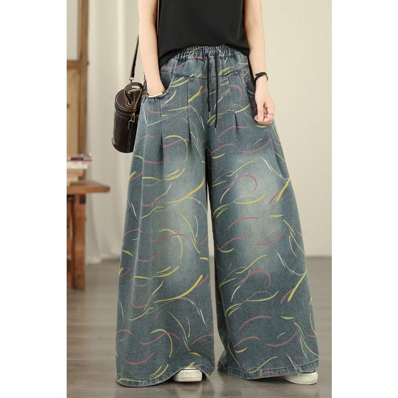 DIMANAF 2026 Summer New Plus Size Women Jeans Elastic Waist Long Pants Print Loose Casual Denim Cotton Trousers