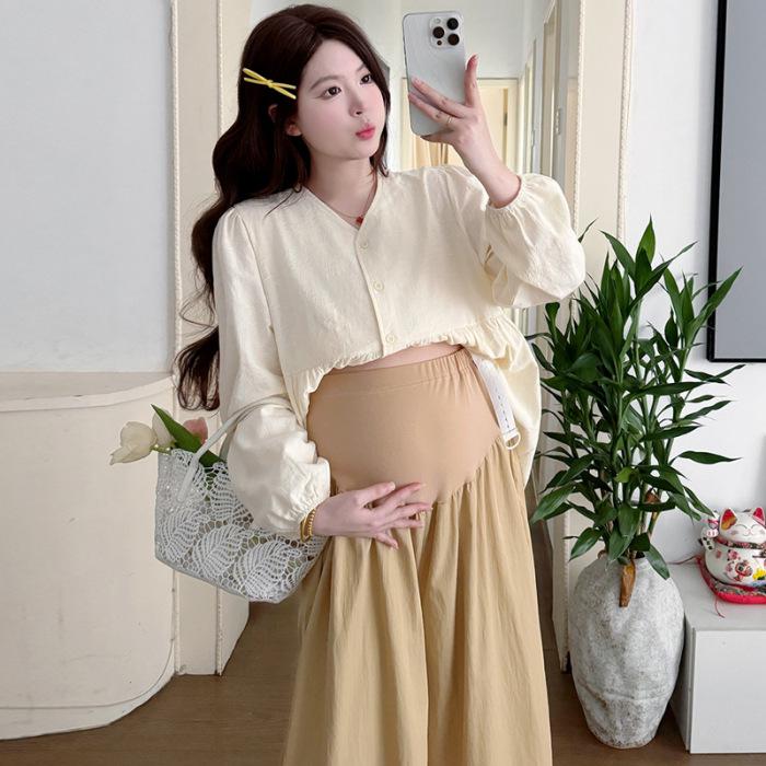 

2026 Spring Maternity Fashion: Simple Two-Piece Set with Long-Sleeve Shirt and Loose Wide-Leg Pants Skirt Extra Large