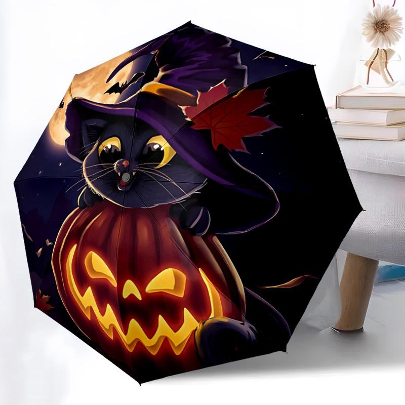 1pc Halloween Cat Automatic Folding Umbrella Portable Collapsible Umbrella for All Seasons, 8-Rib Durable Construction, Perfect Gift 076