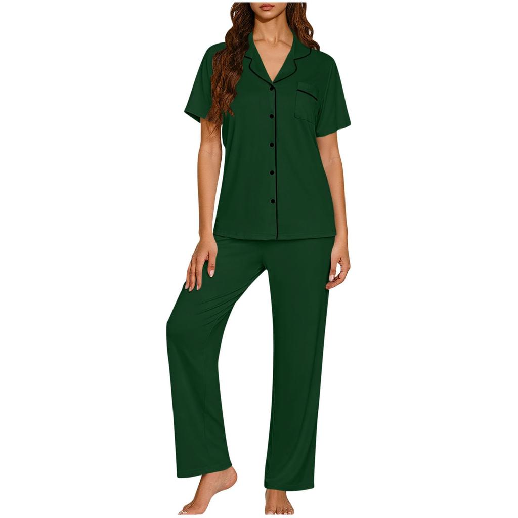 Women's Fashionable Loose-Fit Loungewear Short-Sleeve Cardigan Collared Pajama Set