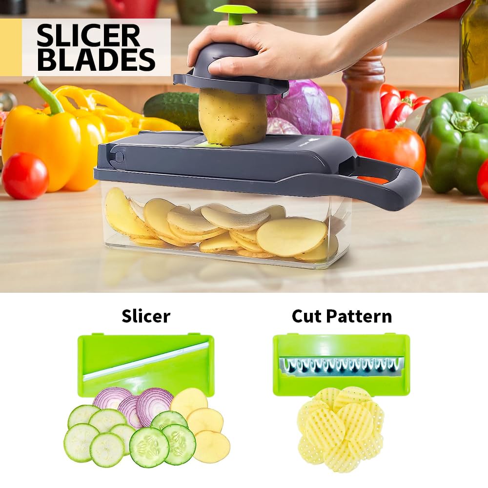 16 in 1 Vegetable Chopper with Container, Food Processor, Dicer, Slicer, Multifunctional Kitchen Gadget, Gray, Plastic/Stainless Steel