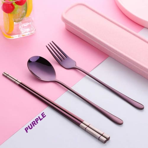 Do Buy Trio Set: Chopsticks, Spoon, and Fork, 3-Piece Set, Made of 18-8 Stainless Steel with a Stylish Wheat Container, 23cm Laser Chopsticks, Titaniu
