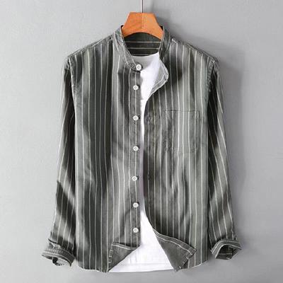 Men's Spring and Fall Retro Striped Long-sleeved Shirt Stand-up Collar Casual Shirt Loose Cotton Shirt