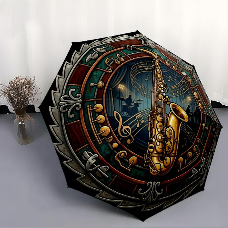 Saxophone Music Festival Emblem Pattern Umbrella, Portable and Foldable Design, 8 Ribs, a Casual Accessory for Friend's Birthday Gifts.