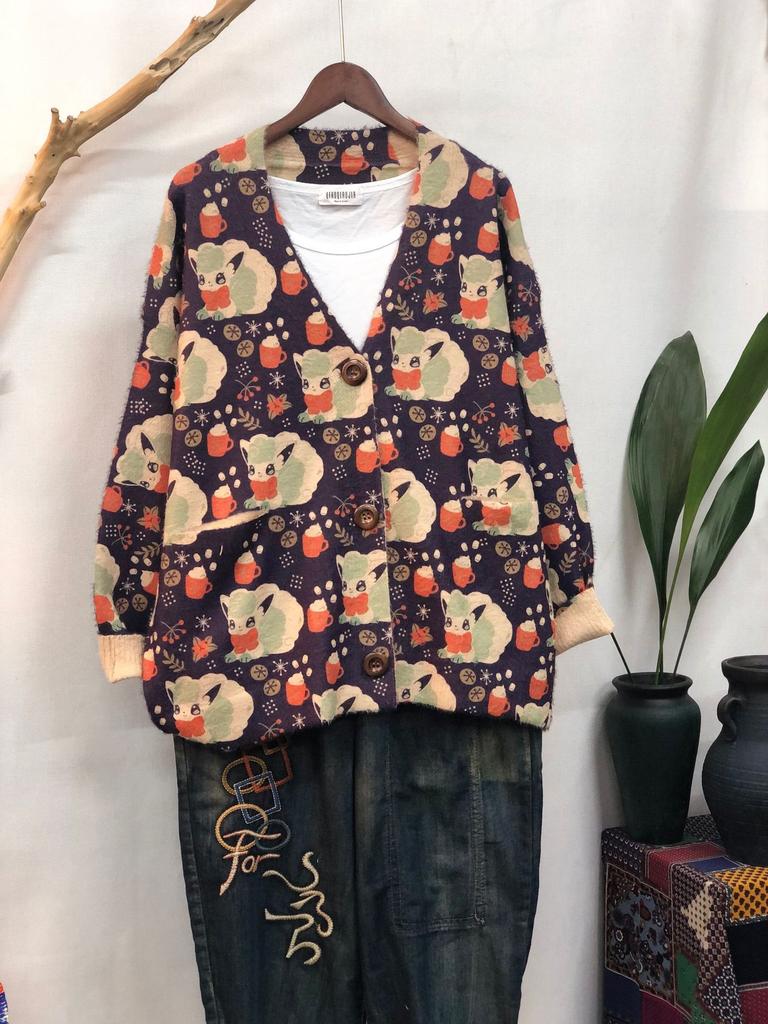 Factory new autumn and winter cute printed imitation mink velvet jacket women's Korean version loose lazy sweater
