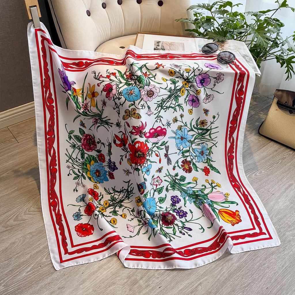 Spring And Summer Floral Design 90*90Cm Women Scarf Sunscreen Foulard Shawl Hijab Female Hair Hijab Wraps Neckerchief Bandanda