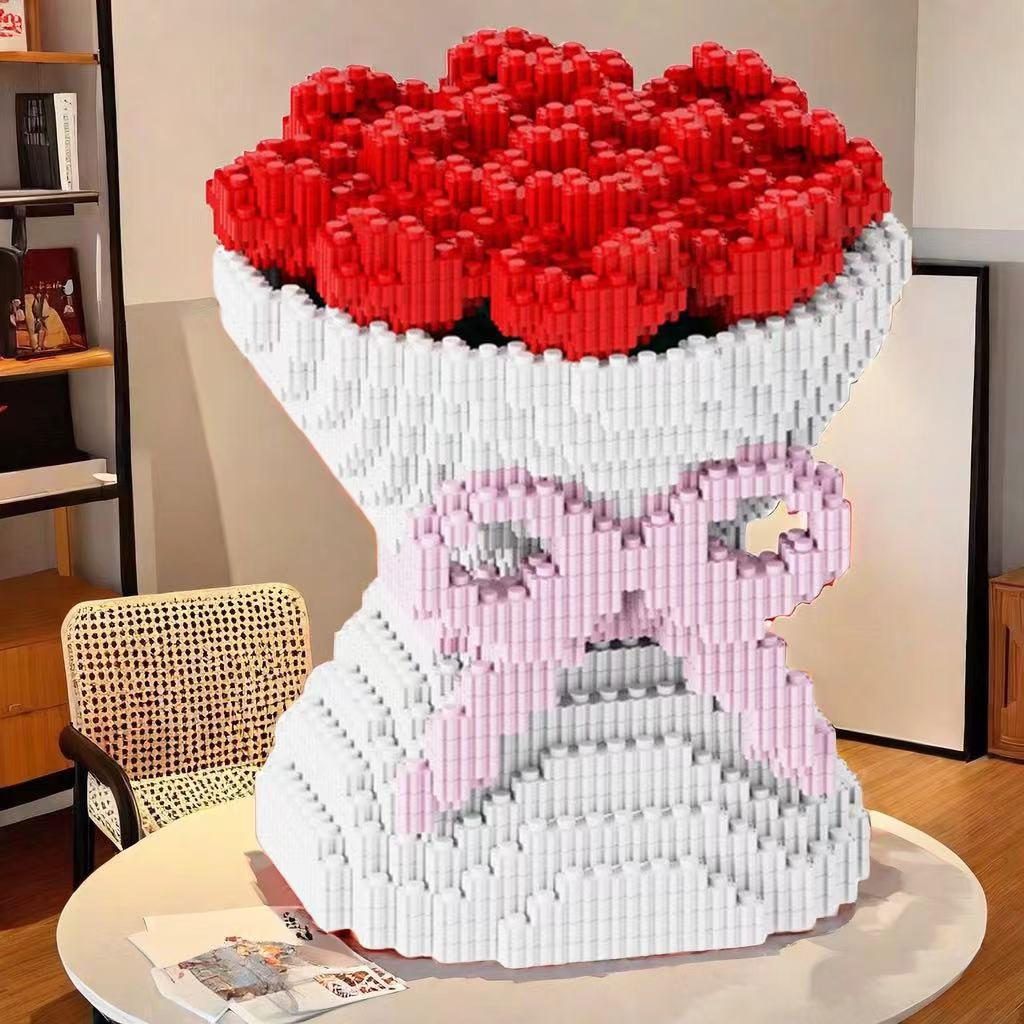 2024 Valentine's Red Rose Bouquet Building Blocks Puzzle for Kids