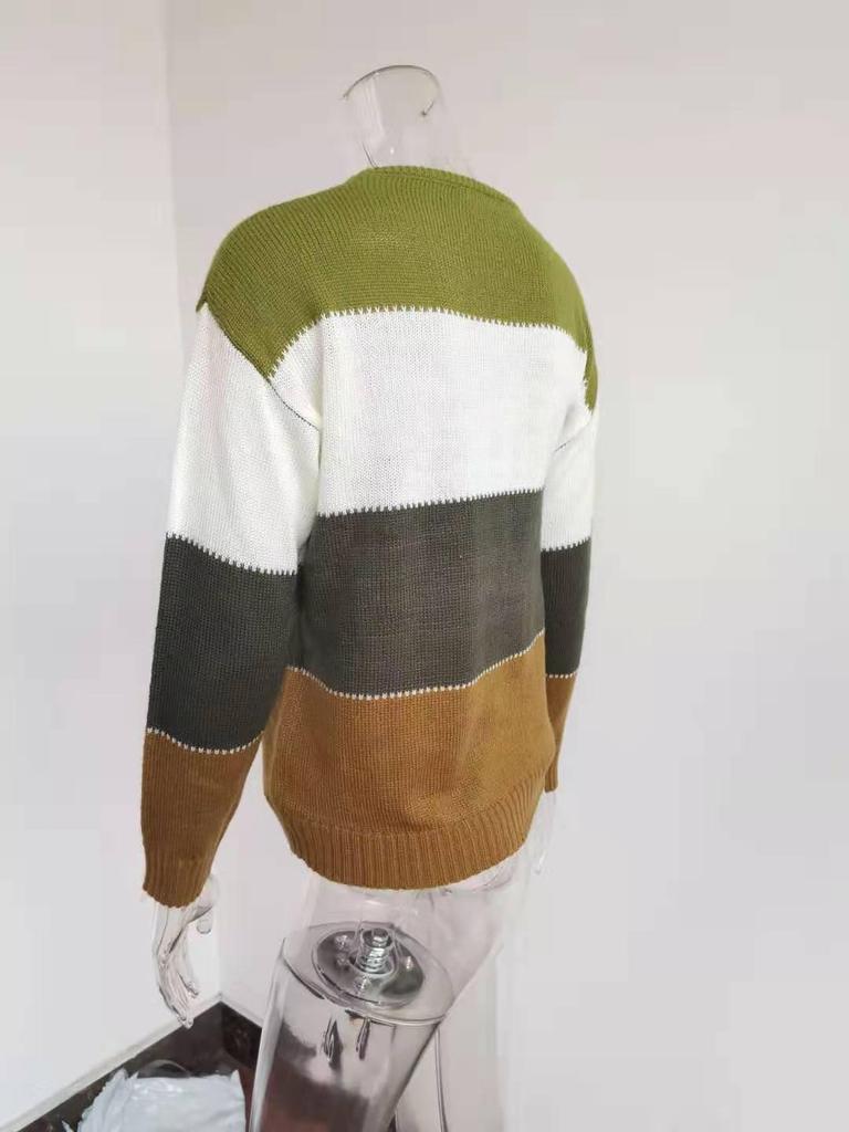 Maglione a righe casual europeo e americano – Pullover lavorato a maglia a maniche lunghe da donna, scollo rotondo Autunno/Inverno 2019