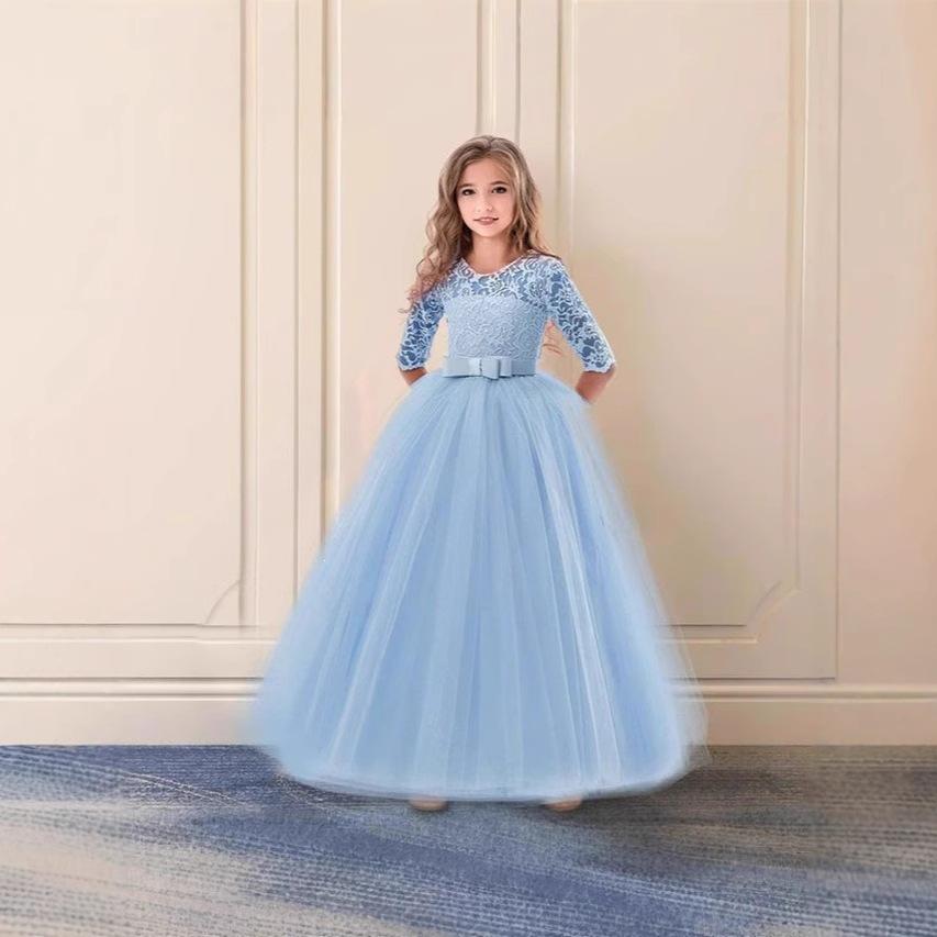 Girls bow puffy skirt flower girl wedding dress children's skirt girldress princess seven-quarter sleeve dress