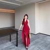 Red Three-dimensional Flower Neck Dress Women's Summer Slim Dress Long Dress Pure Waist Split Hip Skirt