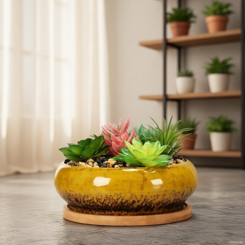 Round Shallow Ceramic Succulents Planter Bowl for Flower Succulents Cactuses Small Desktop Plant Container