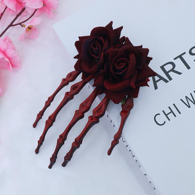 Halloween skull palm headdress, gothic imitation rose lace hairpin, scary atmosphere costume props