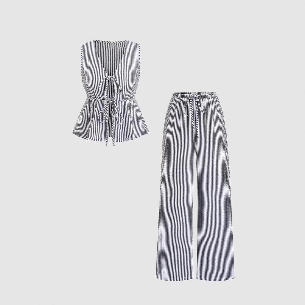 Ensemble décontracté d'été rayé avec gilet à lacets et pantalon ample