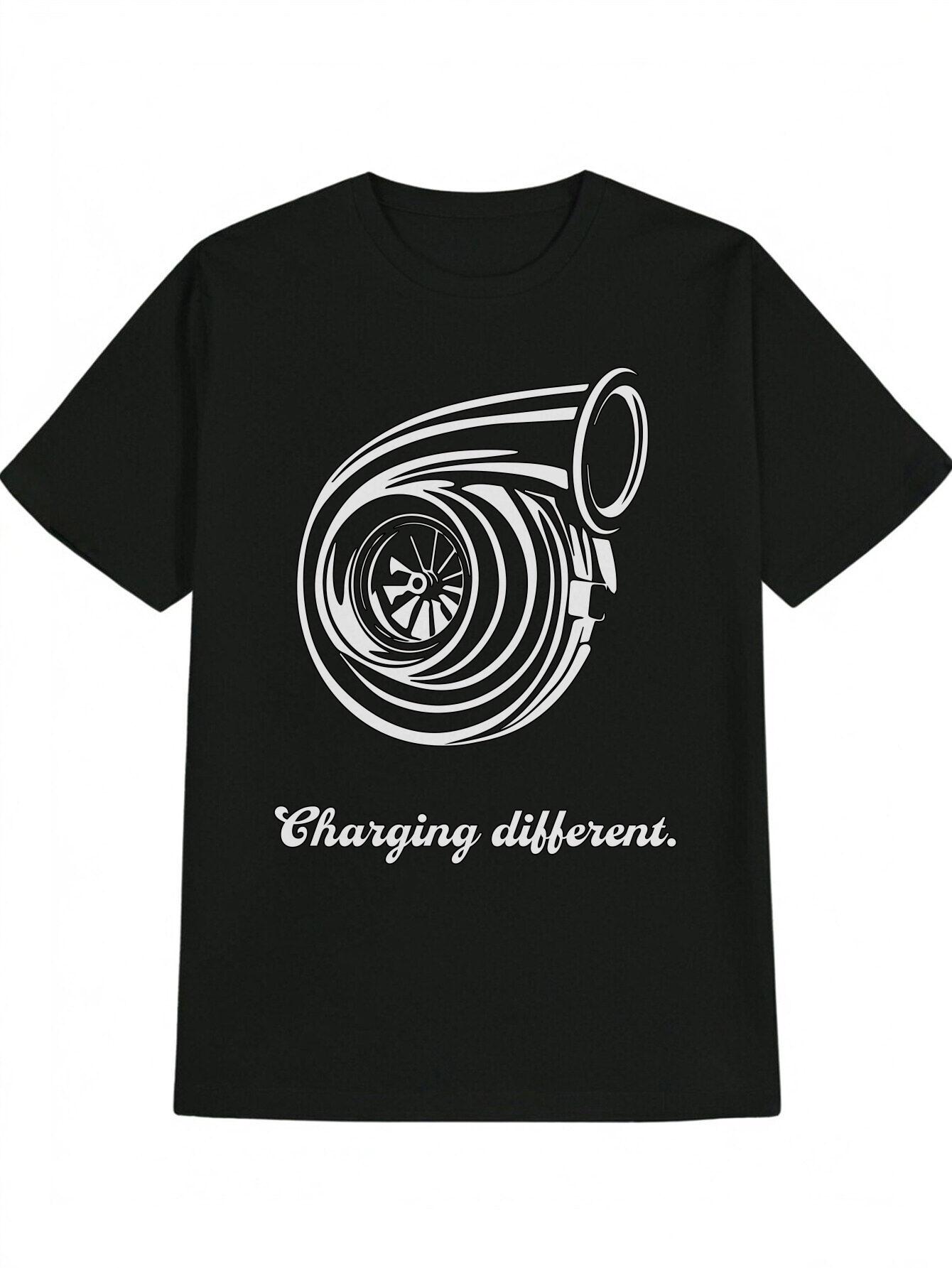 Casual Round Neck T-shirt with Turbocharger Graphic Print - Charging Different Design XXL