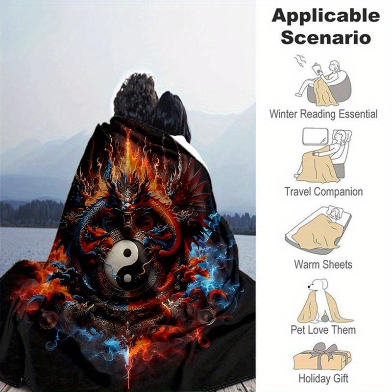 1pc Flaming Dragon Yin Yang Blanket Soft Warm Bedding Throw Coverlet for Room Decor, Living Room, Travel, Camping, Car Blankets