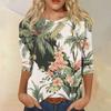 Women's Fashionable Casual Round Neck Three-Quarter Sleeve Printed T-Shirt Top