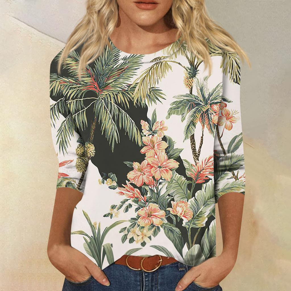 Women's Fashionable Casual Round Neck Three-Quarter Sleeve Printed T-Shirt Top