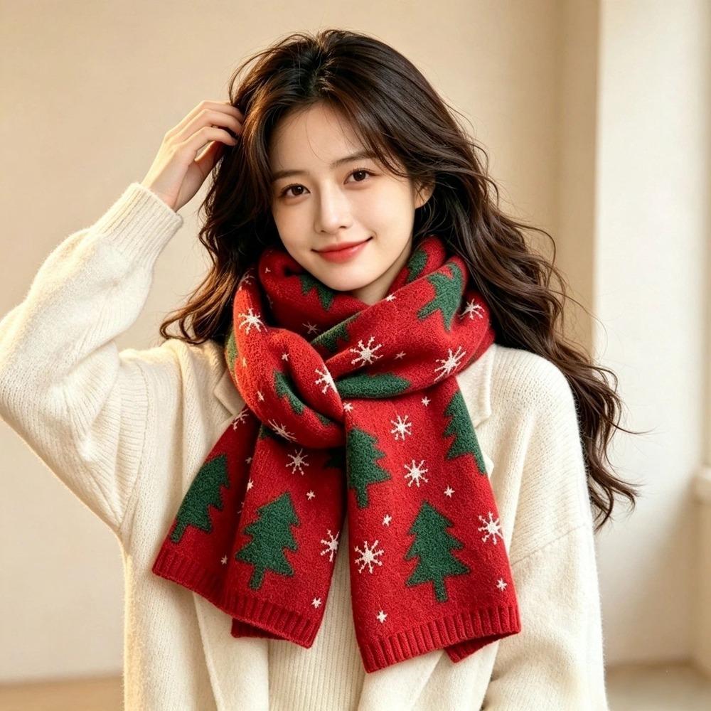 Green Plaid Wool Scarf Long Red Shawl Thicken Knitted Christmas Scarf  Autumn Winter