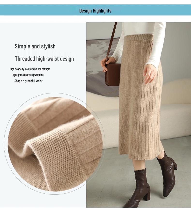 Women's Slim Fit Vertical Stripe Wool Midi Skirt - Versatile Cashmere Knit