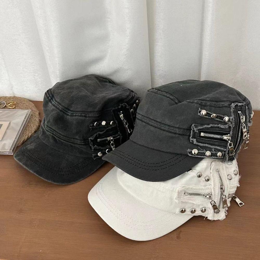 Personality Cloth Rivet Denim Beret Spice Girls Y2k Metal Rivet Flat Top Hat Zippers Fashion Retro Baseball Cap Ladies