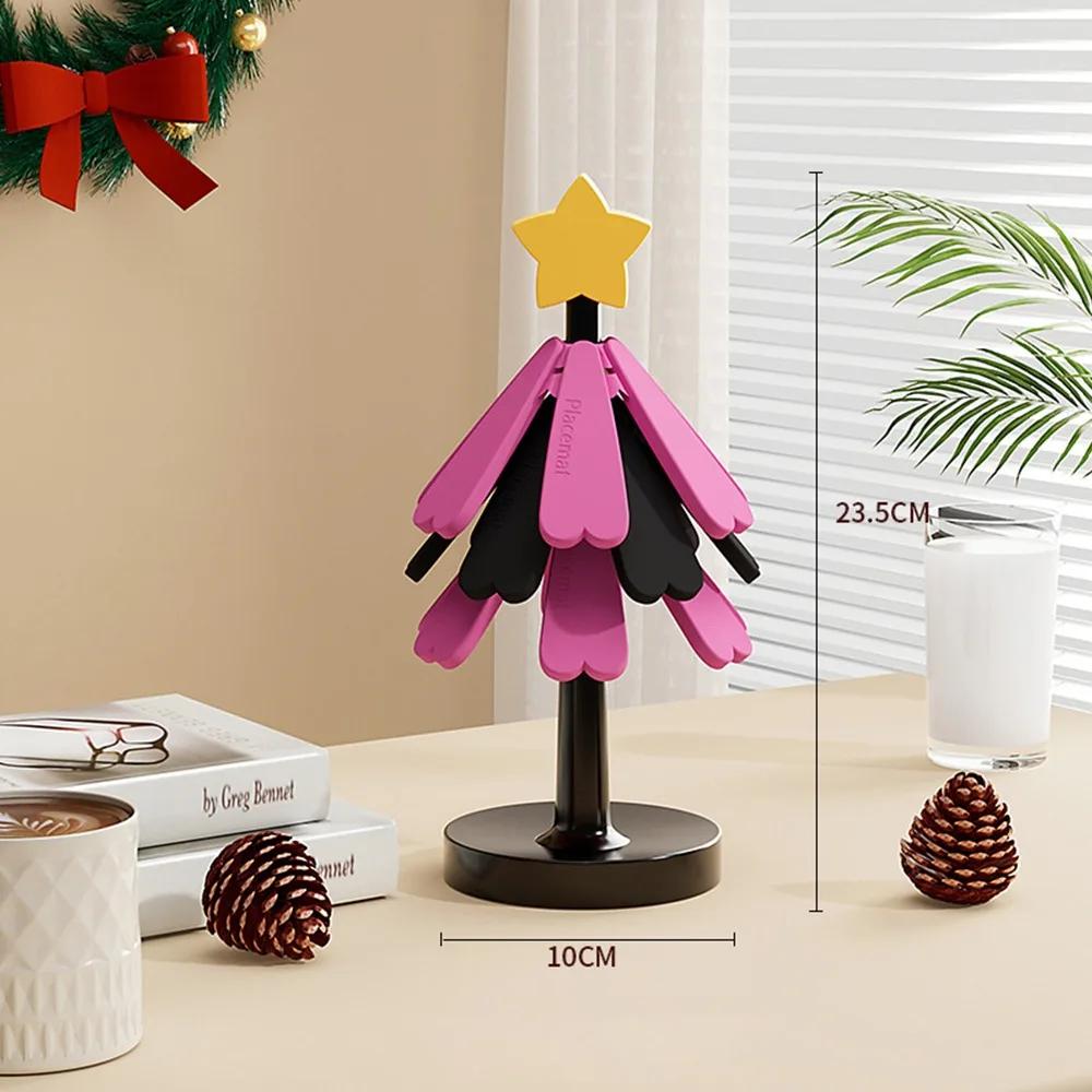 Foldable Wooden Tree Trivet Heat-insulating Decoration Christmas Tree Trivets Set with Stand Set of 3/4 Cup Coaster Set