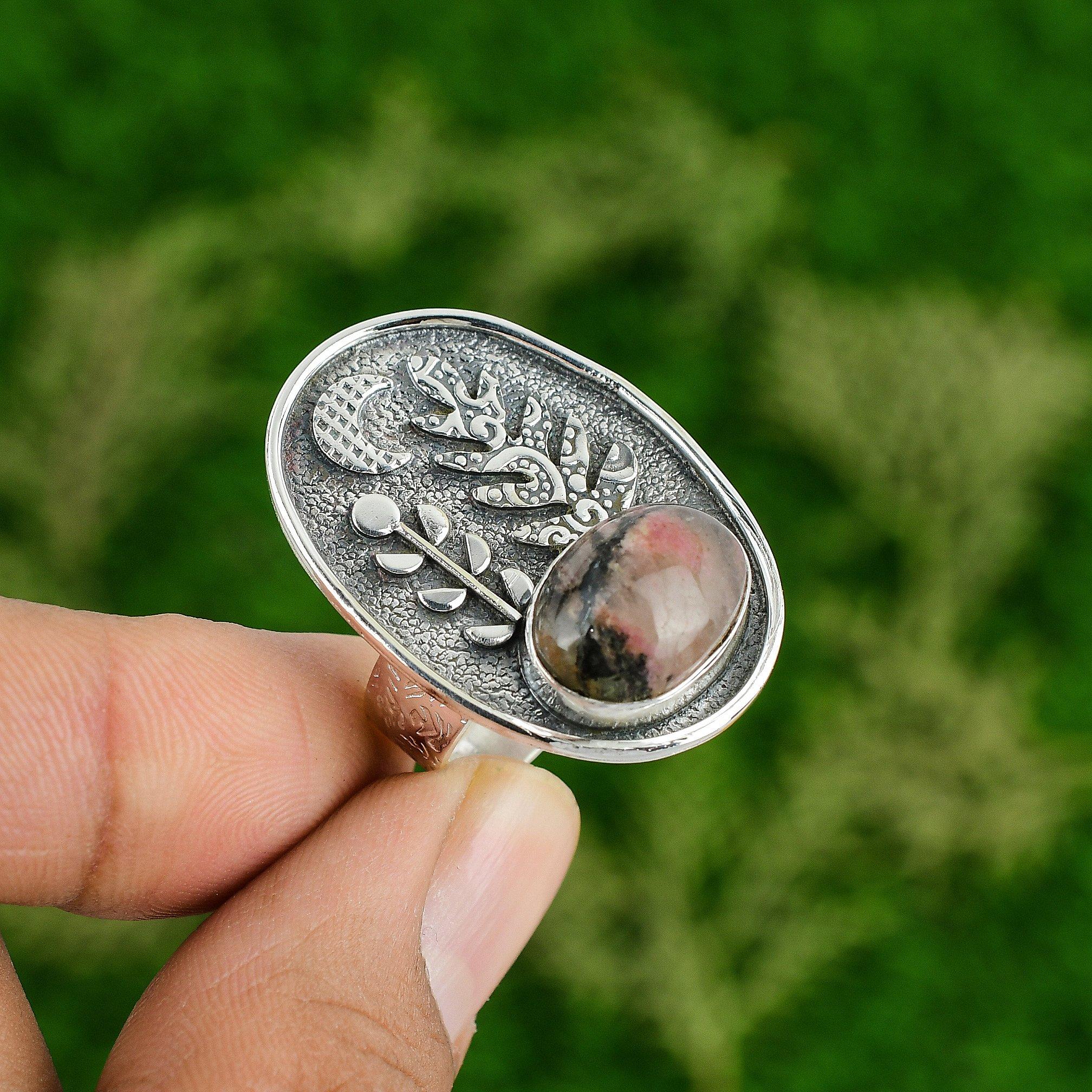 

Natural Rhodonite Gemstone Statement Pink Adjustable Ring 925 Sterling Silver Adjustable