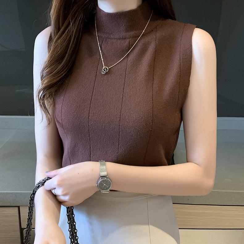Slim Sleeveless Sweater Solid Color Sexy Half Turtleneck Knitted Top for Women Short Vest Top for Summer